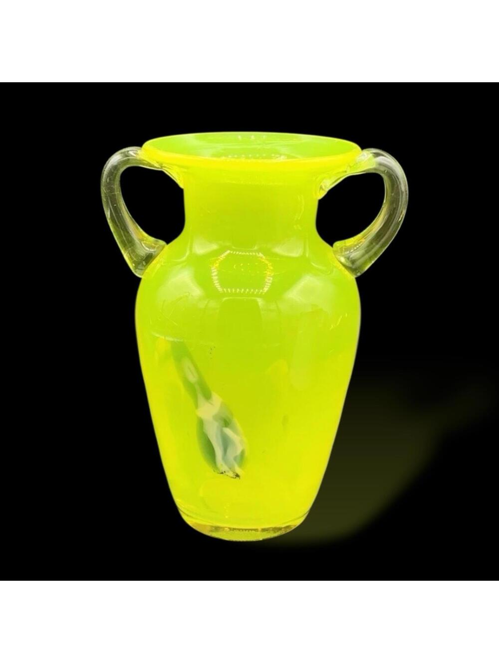 Vintage Murano Style Vaseline Glass Vase UV Reactive Yellow Art Glass 6”